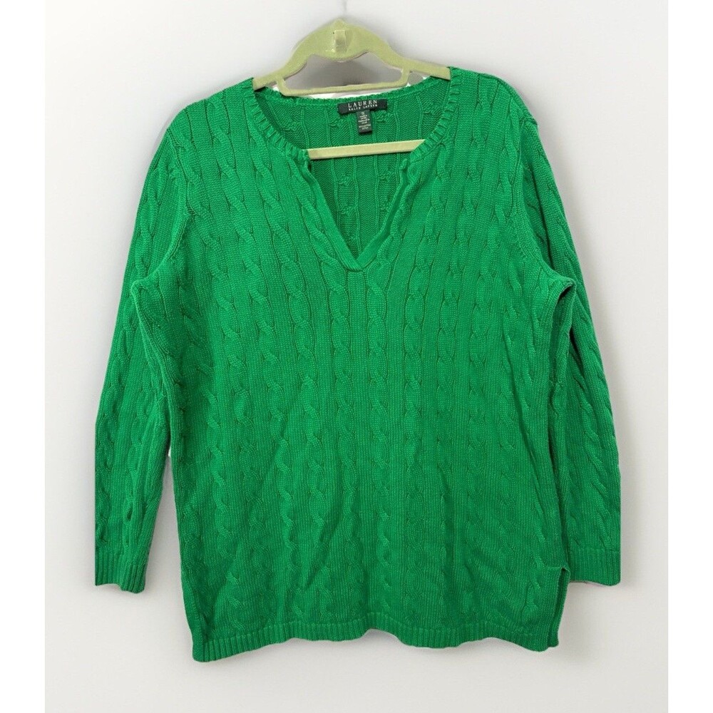 Lauren Ralph Lauren Kelly Green Cable Knit Cotton Notch Neck Sweater 1X Classic